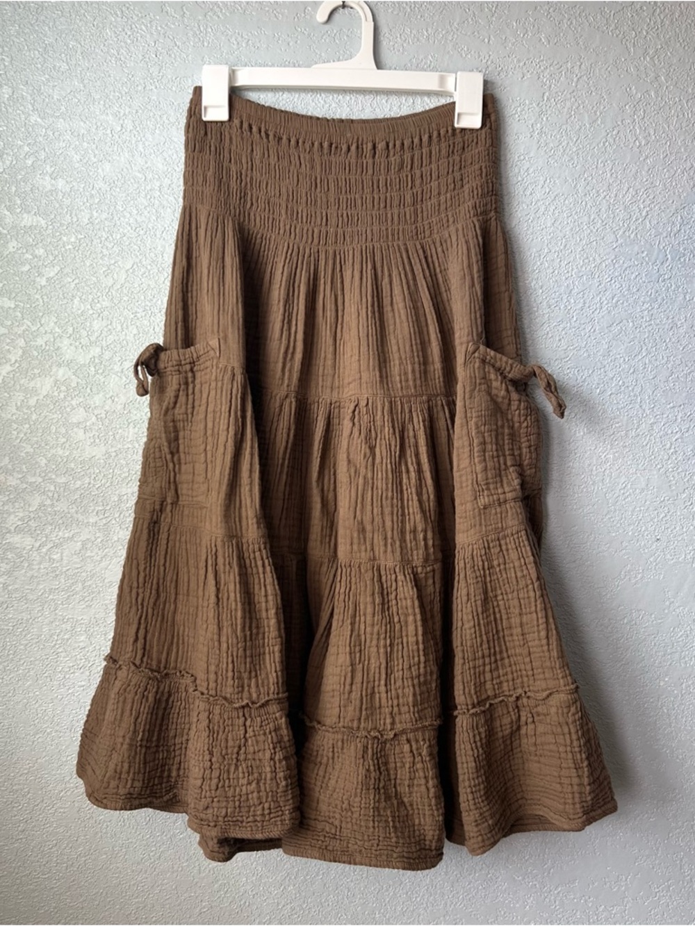 Boho Brown Cotton Gauze Tiered Maxi Skirt Pockets Cottagecore Flowy S